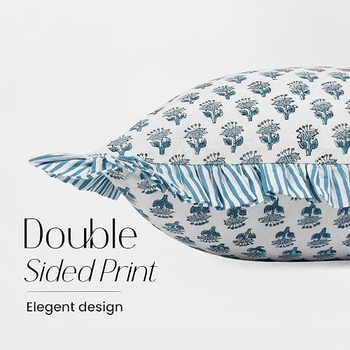 CPC Apatite Blue 100% Cotton Block Print Ruffle Sham Cover 14x36 inch, Handmade Boho Floral Pillowcase, Farmhouse Cottagecore Bedding, Soft Decorative Cushion Cover for Bedroom Décor thumbnail 2