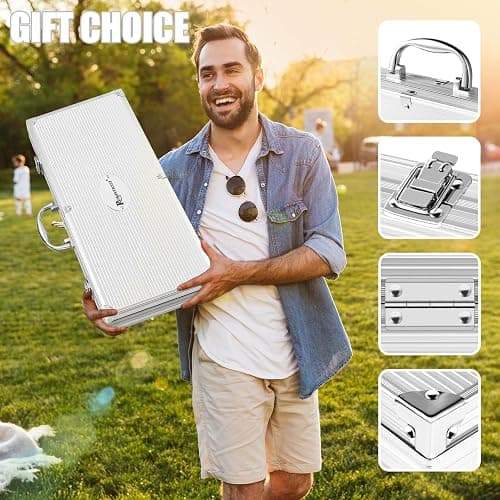 ROMANTICIST 26pcs Stainless Steel Grill Tool Set, Heavy Duty BBQ Grilling Accessories Gifts for Men Dad, Non-Slip Grill Utensils Kit with Apron, Thermometer, Mats in Aluminum Case for Christmas Brown thumbnail 6