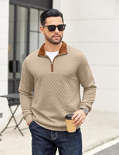 COOFANDY Mens Quarter Zip Pullover Mock Neck Quilted Sweatshirt Casual Long Sleeve Polo Sweater thumbnail 3