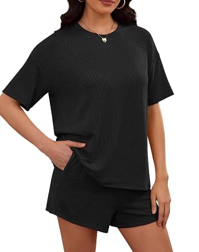 RUBZOOF 2 Piece Sets for Women Summer Outfits Lounge Sets | Ribbed Textured Knit Two Piece Short Sets, Short Sleeve Crewneck Matching Sets, Casual Fashion Vacation Travel Outfits thumbnail 2