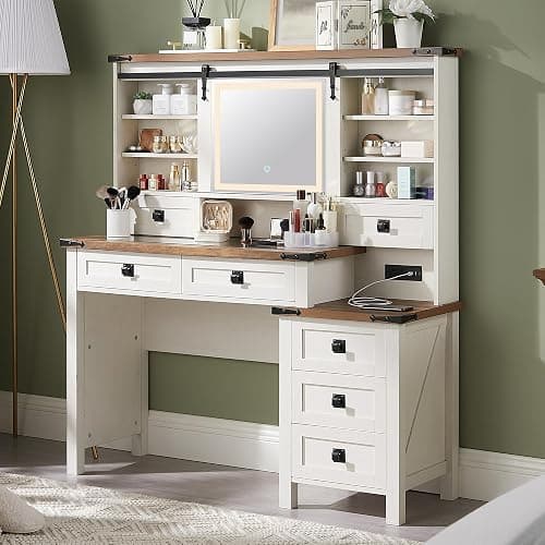 T4TREAM 48'' Farmhouse Makeup Vanity Desk with Sliding HD Mirror and Lights, Big Modern Lighted Vanity Table with 7 Drawers & Shelves, Rustic Large Dressing Table, Antique White - Image 1