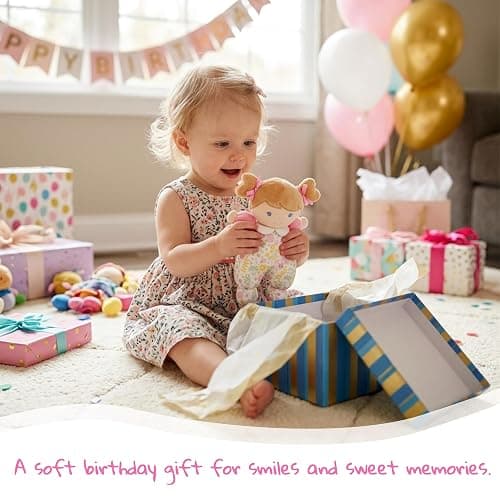 June Garden My First Doll Blossom, 9.5" Soft Plush Baby Doll with Gentle Rattle, Embroidered Face, Pink Floral Pajamas, First Doll Gift for Newborns, Infants & Toddlers thumbnail 2