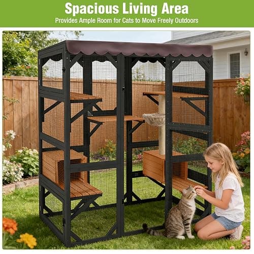GUTINNEEN 71" Large Wooden Catio Outdoor Cat Enclosure with Scratching Posts, Walk-in Cat House with 6 Platforms & 2 Resting Boxes, Window Access, Weatherproof Roof for 2-6 Cats-Black thumbnail 9