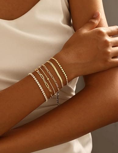 DEARMAY Waterproof Gold Bracelets Set for Women Trendy, Dainty 14K Real Gold Plated Jewelry Fashion Stackable Tennis Beaded Figaro Herringbone Paperclip Link Bracelet Pack Stack Gifts for Women - 6Pcs Gold Bracelets C thumbnail 3