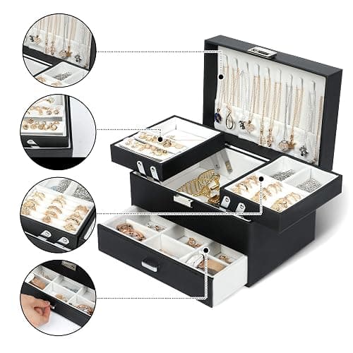 Dajasan Jewelry Boxes for Women Girls, Jewelry Organizer Box, 3 Layers Jewelry Storage Organizer for Earring, Ring, Necklace, Bracelets (Black) - Black + Leather thumbnail 2
