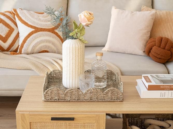 StorageWorks Rectangle Wicker Scalloped Tray, Rattan Serving Trays with Handles, Seagrass Basket for Decorative & Organizing, 15.75" L x 11.5" W x 2.75" H thumbnail 2