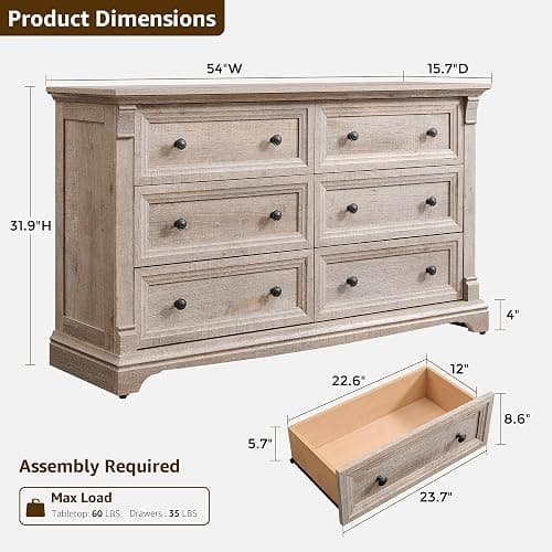 Farmhouse 6 Drawers Dresser for Bedroom, 54" Wide Large Dressers & Chests of Drawers w/Roman Column, Wooden Dresser TV Stand with Large Drawers for Nursery Bedroom Living Room Hallway,Light Rustic Oak thumbnail 2
