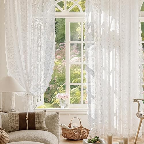 Anmao Vintage White Lace Curtains 45 Inches Long 2 Panels Set, Romantic Elegant Light Filtering Semi Sheer Floral Thick Lacy Curtain Drapes for Living Room and Bedroom, Each Panel 55W x 45L, Off White thumbnail 2