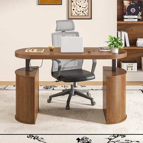 Xyulmeo Mid Century Modern Electric Standing Desk with Storage, 55 x 22 Inch Small Sit Stand Up Desk, Wood Adjustable Height Computer Executive Desk for Home Office, Laptop, Walnut thumbnail 5