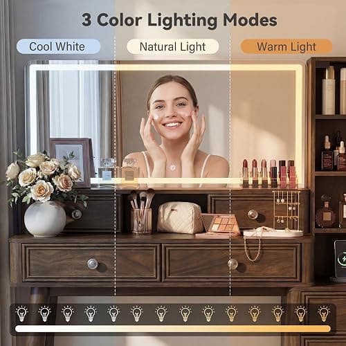 Furmax 48" Makeup Vanity Desk with Large Mirror and Lights,Big Wood Vanity Table with 5 Drawers＆Glass Storage Cabinet with Adjustable Shelves,Dressing Table with Charging Station for Bedroom (Walnut) thumbnail 5