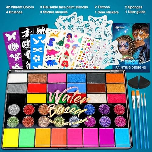 Professional Face Painting Kit for Kids – 42 Color Water-Activated Face Paint Makeup Palette with Stencils, Gems & Brushes – Non-Toxic Body Paint for Parties, Festivals, School Events & Carnival thumbnail 5