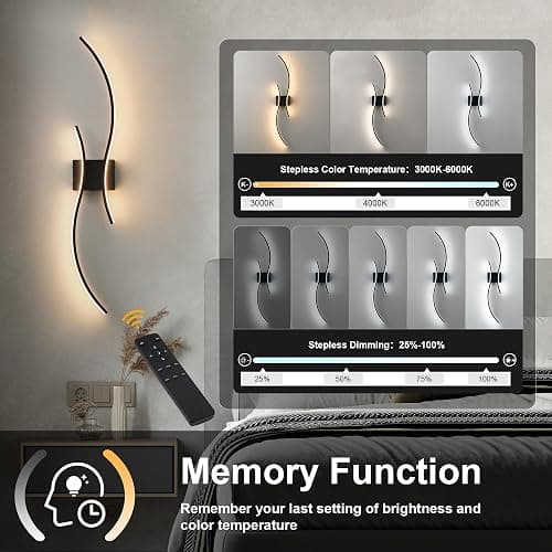 KARTOOSH Battery Operated Wall Sconces Set of Two with Remote Control, Stepless Colors 3000K-6000K & Dimming, LED Black Wireless Wall Light for Living Room, Hallway, Bedroom, 39.3 Inch (2 Pack) - Black - 39.3 Inches (2 pack) thumbnail 7