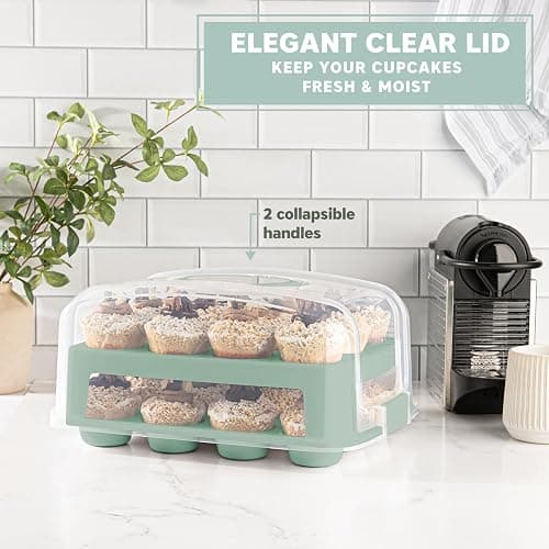 Cupcake Carrier, Green Cupcake Holder Carries 24 Count Standard-Size Cupcakes, Muffin Traveler Two Tier Stand Reusable Cupcake Box - Green - 24 Cupcake Carrier thumbnail 5