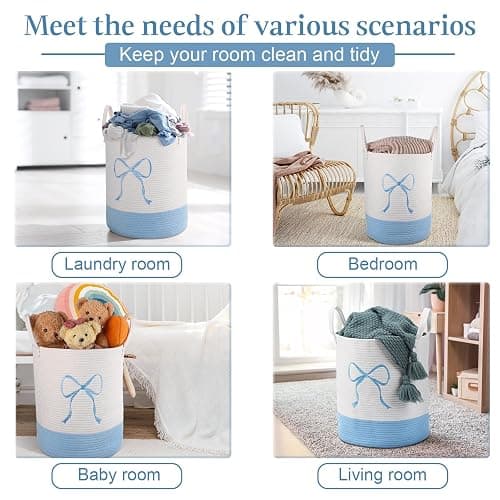 Honeydak Blue Laundry Basket Coquette Bow Hamper 15 x 17.7 Inches | Cotton Rope Hamper with Handle, Teens Girl Room Nursery Decor, Cute Decorative Basket, for Living Room, Storage Toy Clothes thumbnail 7