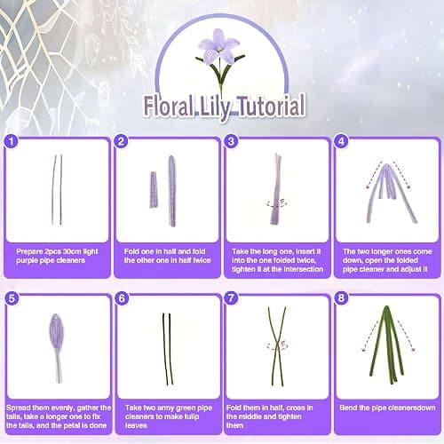 LINAYE 500 PCS Pipe Cleaners Craft, 6 Colors Pipe Cleaners Flowers Kit, Chenille Stems for Crafts with Instruction Wrapping Paper, Flower Stamens, Stems Art and Craft Supplies Purple thumbnail 8