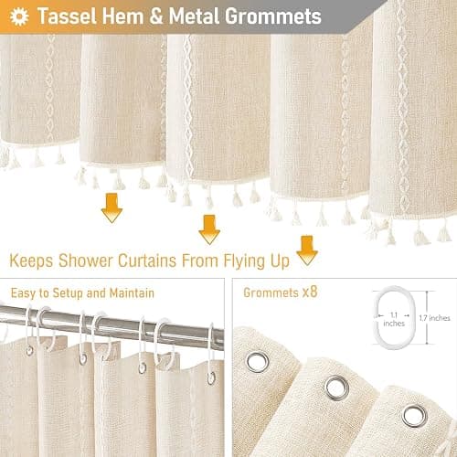 BTTN Boho Shower Stall Curtain - 48x72 Narrow Farmhouse Linen Ultra Thick Tassel Fabric Shower Curtain Set with 8 Hooks, Half Striped Camper RV Modern Country Shower Curtains for Bathroom, Cream/Beige thumbnail 5