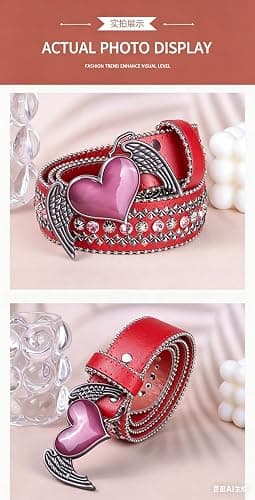 Women's Red Studded Belt with Angel Wing Heart Buckle, Rhinestone Embellished, Bohemian Style,Fits waistline 88-103CM thumbnail 3