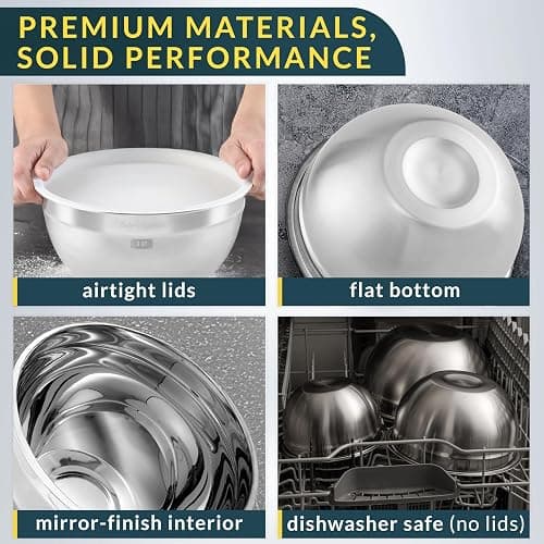 Baker's Signature Stainless Steel Mixing Bowls With Lid, Metal Mixing Bowl Set Of 3, Nesting Set For Food Prep, Baking,Storage, Cooking, Serving | Dishwasher Safe, Silver, 1.5/3/5 Qt thumbnail 5