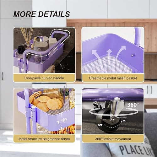 Mzzelry Metal Rolling Storage Cart, 3-Tier Utility Cart with Wheels, Multifunctional Organizer Storage for Kitchen, Bedroom, Office, Laundry Room, Dorm Room Essentials (Purple) thumbnail 7