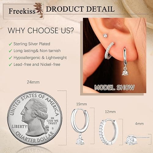Freekiss 3 Pairs Hoop Earrings Set - Dainty Stud Dangle Cartilage for Women | Hypoallergenic Earrings, Cubic Zirconia Stackable Trendy Small Set Jewelry Gifts for Women thumbnail 5