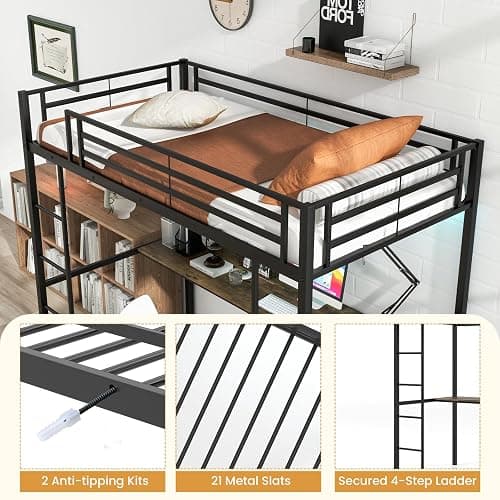 Giantex Twin Size Loft Bed with L Shape Desk, Metal Loft Bed with LED Lights, Charging Station & 2 Storage Shelves, Loft Bed Frame for Teens Adults Juniors w/Safety Guardrail, No Box Spring Needed thumbnail 8