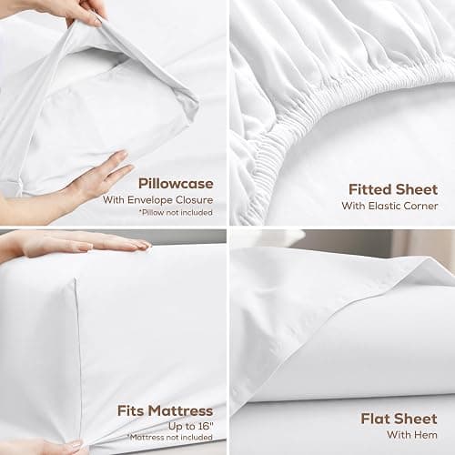 Twin Sheets Set, 3 Pieces 16" Deep Pocket Hotel Luxury Bed Sheets, White | Extra Soft Bedsheet Set, Comfy & Breathable Cooling Sheets, Wrinkle & Fade Resistant, Fitted Sheet, Flat Sheet, 1 Pillowcase thumbnail 3