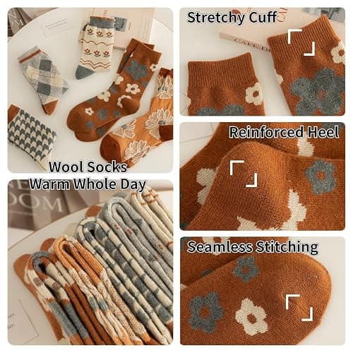 FORJMMP 5/10 Pairs Wool Socks for Women Thick Knit Vintage Cute Floral Crew Socks thumbnail 6