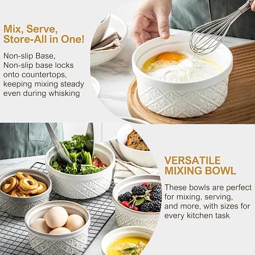 Large Mixing Bowls with Airtight Lids, Classic White Porcelain Embossed Nesting Salad Bowls for Baking and Cooking, 12/16/28/40oz Serving Bowls Set of 4, Oven and Dishwasher Safe, Thanksgiving Gift thumbnail 4
