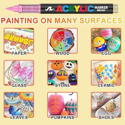 Laconile 120 Couleurs Feutre Acrylique, Stylos Acryliques à Pointe Pinceau pour le Coloriage Adulte ，Acrylic Paint Markers pour Coloriage, Calligraphie, Bois, Toile, Verre, Céramique thumbnail 3