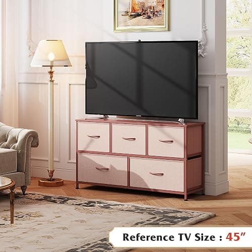 WLIVE Dresser for Bedroom with 5 Drawers, Wide Chest of Drawers, Fabric Dresser, Storage Organization Unit with Fabric Bins for Closet, Living Room, Hallway, Pink and Rose Gold thumbnail 2
