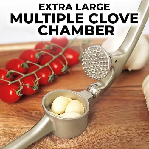 Zulay Kitchen Large Premium Garlic Press Set - Bigger Bowl for Bigger Garlic - Rust Proof & Dishwasher Safe Garlic Mincer Tool - Easy-Squeeze, Easy-Clean Silicone Garlic Peeler & Brush (Silver) thumbnail 3
