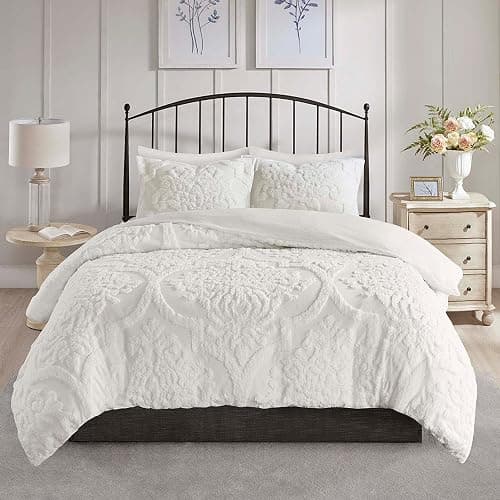 Madison Park Tufted Chenille 100% Cotton Duvet- Modern Luxe All Season Comforter Cover Bed Set with Matching Shams, King/Cal King(104"x92"), Damask Off White 3 Piece thumbnail 3