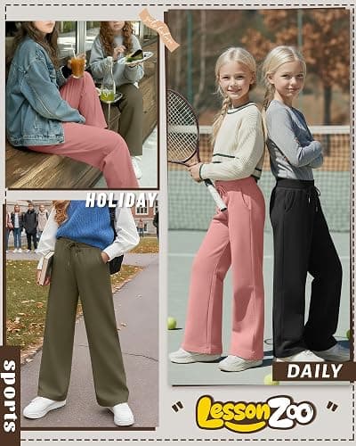 LessonZoo 3 Pack Girls Sweatpants Straight Leg Ribbed Waist Active Joggers Teens Athletic Pants with Drawstring and Pockets thumbnail 5
