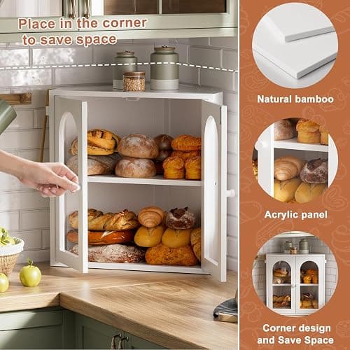 WOWLIVE Corner Bread Box for Kitchen Countertop, 2 Tier Bamboo Bread Storage Container for Homemade Bread with Clear Acrylic Door Panel, Bread Bin Farmhouse Breadbox Organizer (White, Extra Large) thumbnail 4