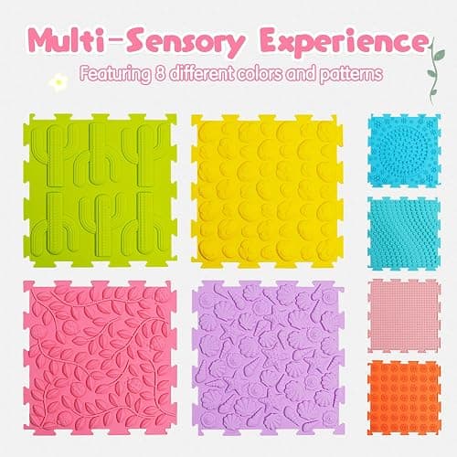 AKIMRABY 8 Pcs Sensory Mats, Sensory Tiles Puzzle Floor Mat for Kids Sensory Room Items，Different Patterns and Colors - Silicone Massage Orthopedic Mat for Children with Autism thumbnail 2