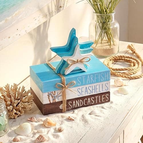 Geelin 4 Pcs Summer Beach Tiered Tray Decor Wooden Book Stack Signs, Starfish Seashell Coastal Nautical Table Centerpiece for Shelf Coffee Bar Home Kitchen Beach House Decorations thumbnail 7