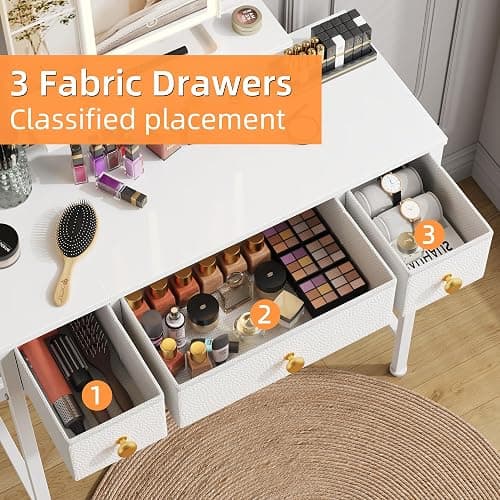 HIGDBFE Vanity Desk with Mirror & Lights and 3 Fabric Drawers, Makeup Vanity Table with Adjustable Stand, Dressing Vanity Table for Bedroom, Computer Desk for Small Spaces, 27.5''W, White thumbnail 8