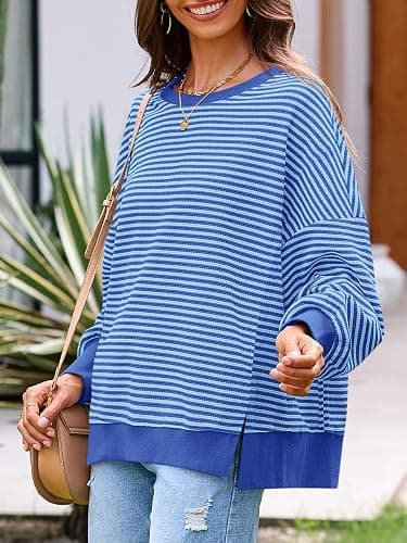 Fisoew Women's Fall Oversized Sweatshirt Casual Waffle Knit Long Sleeve Crewneck Split Pullover Tunic Tops thumbnail 3