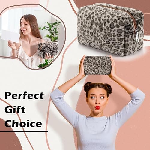Huhumy Brown Leopard Makeup Bag for Women, Fuzzy Cheetah Print Cosmetic Organizer, Stylish Faux Fur Bag Y2k, Fluffy, Travel Toiletry Pouch, Zipper Purse, Pencil Organizer Pouches thumbnail 6
