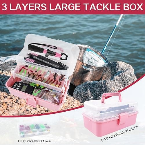 3-Layer Pink Fishing Tackle Box with Tackle Included, Fishing Gear Kit Includes Pliers Fish Lip Gripper Scale Crankbait Spinnerbaits Soft Baits Hooks, Ideal Gift for Angler Saltwater Freshwater thumbnail 6