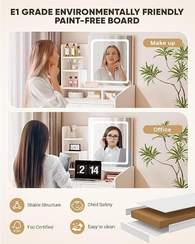 LIVELYGLOW Small Makeup Vanity Desk with Lighted Mirror, White, 23.62" W x 15.74" D x 53.93" H (Smart LED Mirror, Open Shelves, 2 Drawers) thumbnail 8