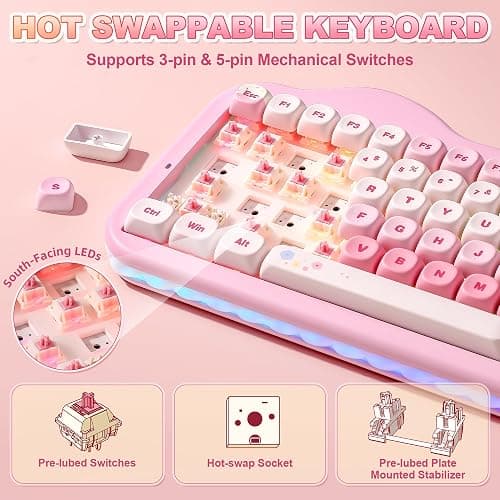 YUNZII C75 Wireless Mechanical Keyboard,75% Layout, Hot-Swappable NKRO,BT5.0/2.4G/USB-C Mode,Dye-Sub PBT MOA Keycaps,RGB Gasket Mount,Cute Cake Design for Mac/Win/Gaming (Pink, Candy Switch) thumbnail 5
