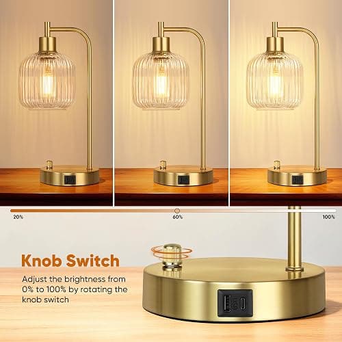 QiMH Industrial Table Lamp for Bedroom Set of 2, Clear Glass Beside Lamp with USB A&C Ports, Stepless Dimmable Gold Lamps, Nightstand Lamps for Living Room, Office, Home Decor(Bulb Included) thumbnail 2