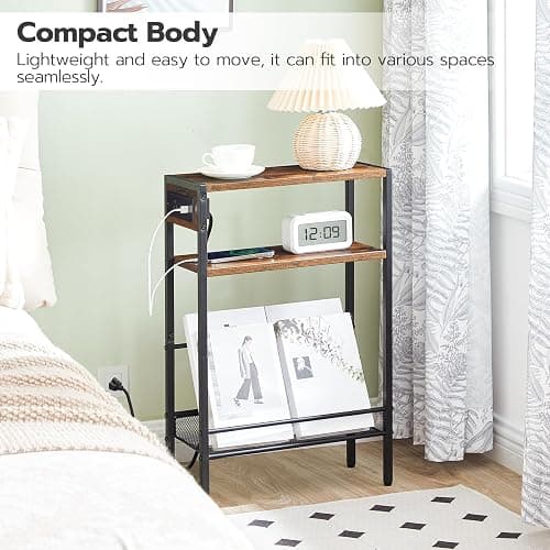 NIGHTSTAND | Amazon | HOOBRO Small Narrow Side Table with Charging Station, Skinny End Table for Small Spaces, Slim Nightstand with USB Ports Outlet, Sofa Beside Table with Storage Shelf, White and Gold DW102UBZ01 - 1 - Gold + White thumbnail 5