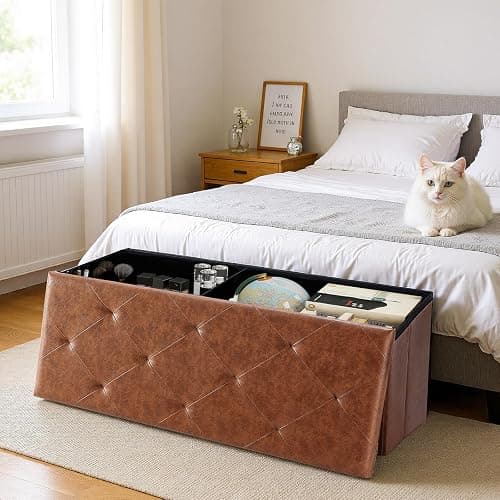 DUMOS Foldable Storage Ottoman Bench 43in, Foot Rest Stool, Synthetic Leather Storage Chest with Thicker Foam Padded Seat for Entryway Living Room, Modern Brown thumbnail 6