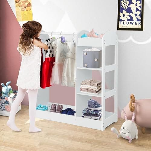 Costzon Kids Dress up Storage with Mirror, Clothes Rack, 3-Tier Shelves, Bottom Tray, Pretend Play Costume Dresser Organizer Center, Open Hanging Armoire Closet for Little Girls (White) thumbnail 2