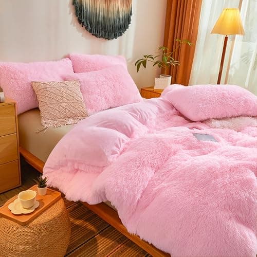 Besfunny Fluffy Pink Comforter Cover Queen Set – Plush Faux Fur Pink Bedding 3-Piece Set (1 Faux Fur Duvet Cover + 2 Furry Pillow Shams) Cozy Fluffy Bed Set thumbnail 5