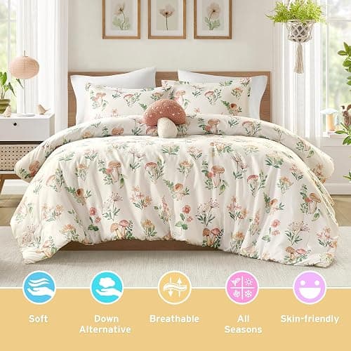 Intelligent Design Queen Comforter Set, Whimsical Floral & Mushroom Cottage Design, Microfiber Lightweight All Seasons Down Alternative Bedding, Sham & Décor Pillow, Gwen, Full/Queen Green 4 Piece thumbnail 3