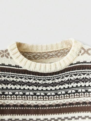 MakeMeChic Women's Winter Christmas Sweaters Grandpa Vintage Striped Oversized Long Sleeve Crew Neck Brown Knit Sweater thumbnail 2