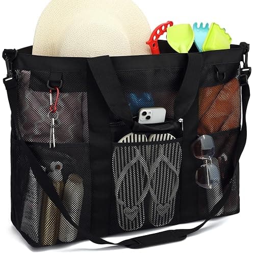 Fammart Mesh Beach Bag, Large Beach Tote with Zipper Pocket, Toys Pool Bag for Family Travel Vacation Cruise Essentials thumbnail 8